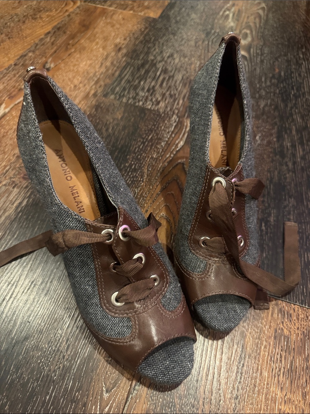 ANTONIO MELANI Gray & Brown Peep-Toe Lace-Up Heels